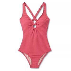 NEW Wide Ribbed Center Ring Medium Coverage One Piece Swimsuit - Kona Sol Red